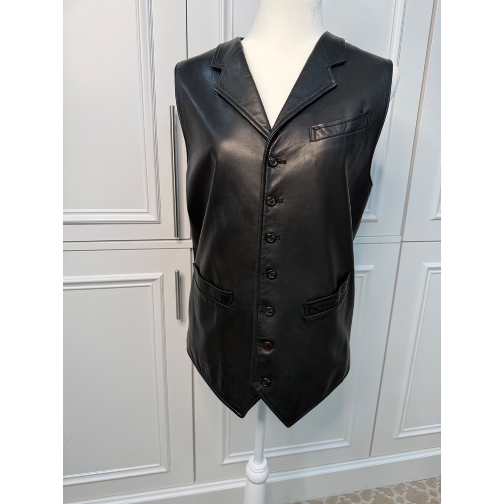 Ralph Lauren Leather Vest Womens 4 Black Very Good Button Front Made in USA
